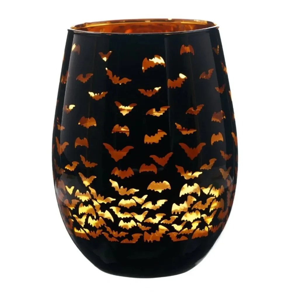 Wine Glass Halloween Two Tone Stemless Wine Glass Bat Orange Black Decor FC5